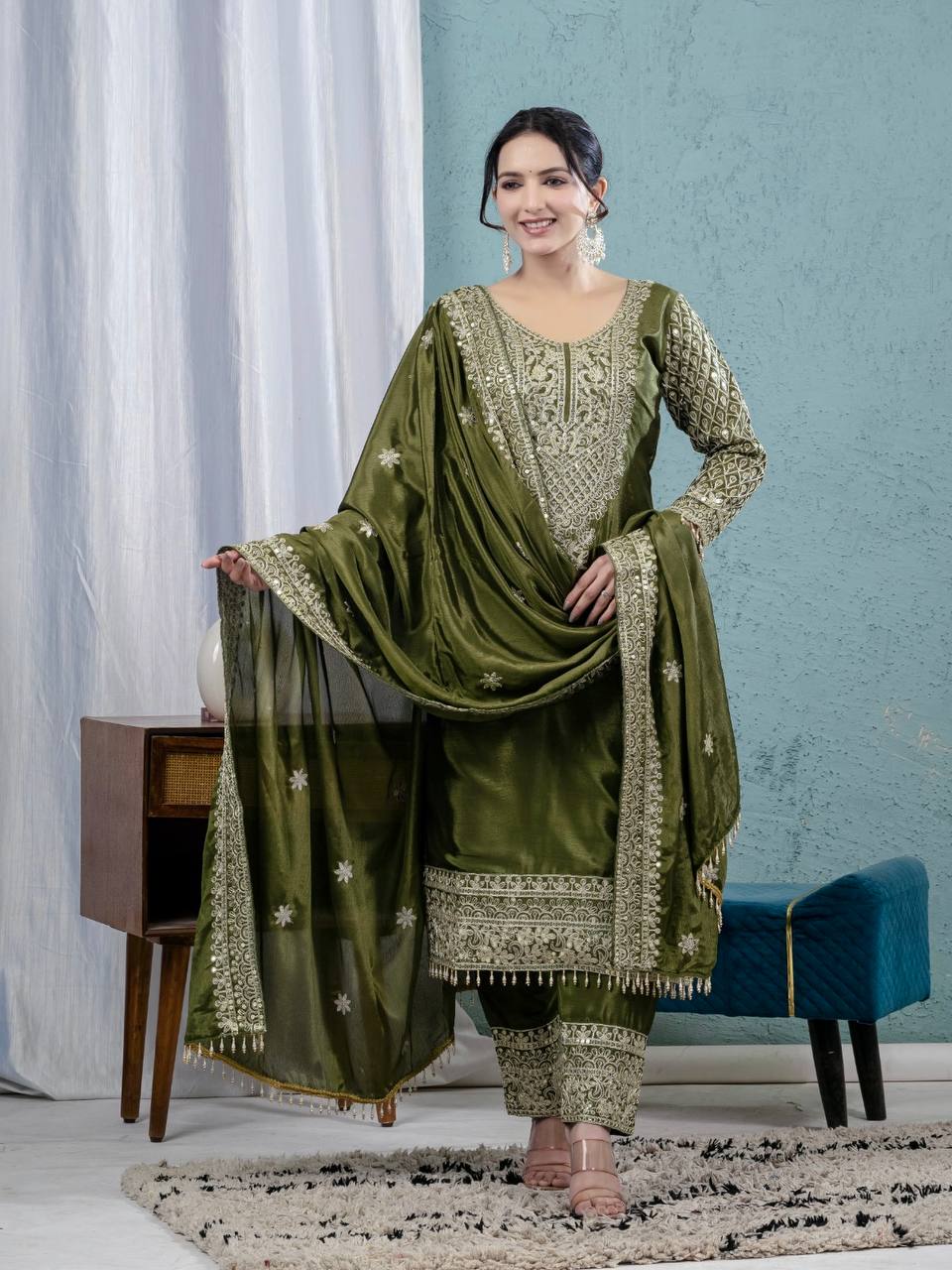 Deep Moss Satin Embellished Set